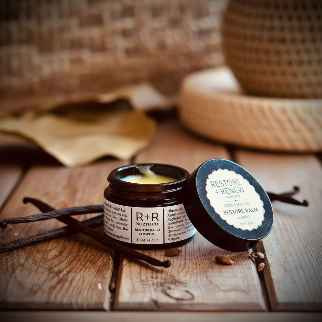 Ozonated Comfort Balm with vanilla beans background