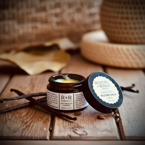 Ozonated Comfort Balm with vanilla beans background