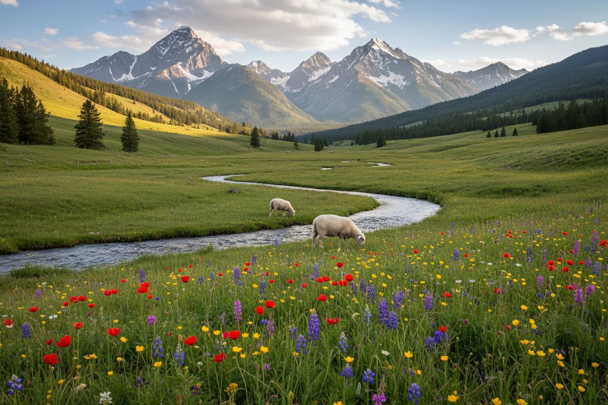 Valley landscape with wildflowers, distant sheep, and prominent mountains